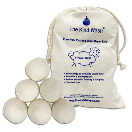 The Kind Wash 6-pack pure New Zealand wool dryer balls in branded linen drawstring bag