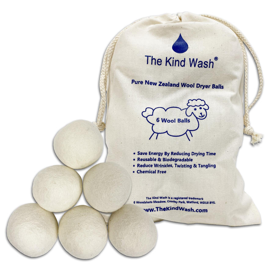 The Kind Wash 6-pack pure New Zealand wool dryer balls in branded linen drawstring bag