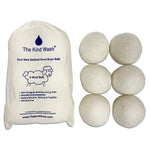 Pack of 6 New Zealand wool dryer balls with The Kind Wash branded storage bag