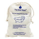 The Kind Wash branded linen bag containing 6 pure New Zealand wool dryer balls