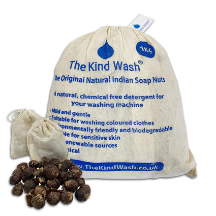 The Kind Wash natural soap nuts drawstring bag with label