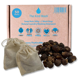 The Kind Wash 200g natural Indian soap nuts in eco cardboard box with two reusable linen wash bags