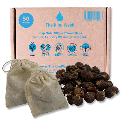The Kind Wash 200g natural Indian soap nuts in eco cardboard box with two reusable linen wash bags
